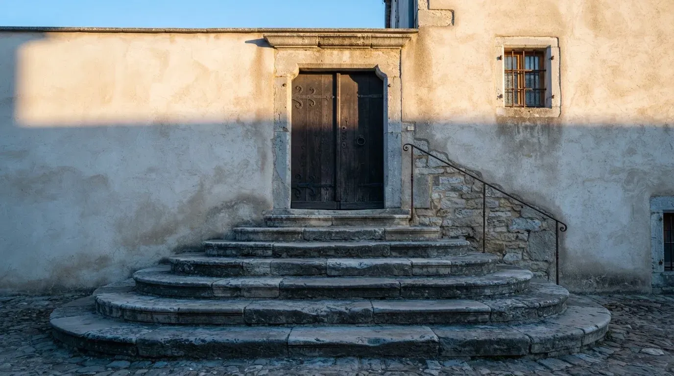 Eine Steintreppe führt zu einer schweren Eichentür in einer hellen Fassade, die Stufen liegen im Morgenschatten.