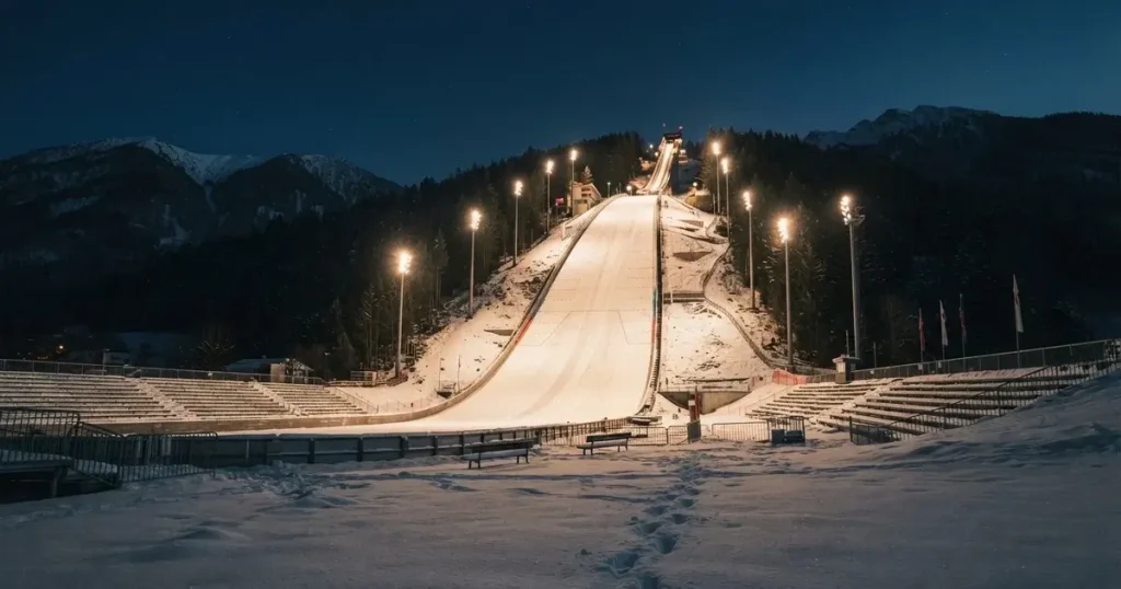 Eine Skisprungschanze im Flutlicht, aus dem Tal gesehen, der Hang liegt im Schnee.