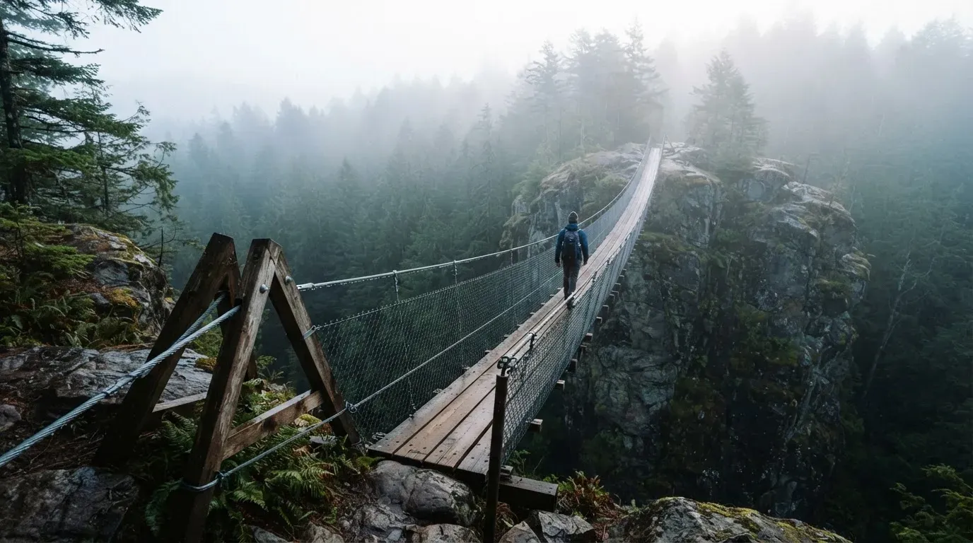 Eine Hängebrücke über eine tiefe Schlucht, aus dem Wald darunter steigt Nebel auf.
