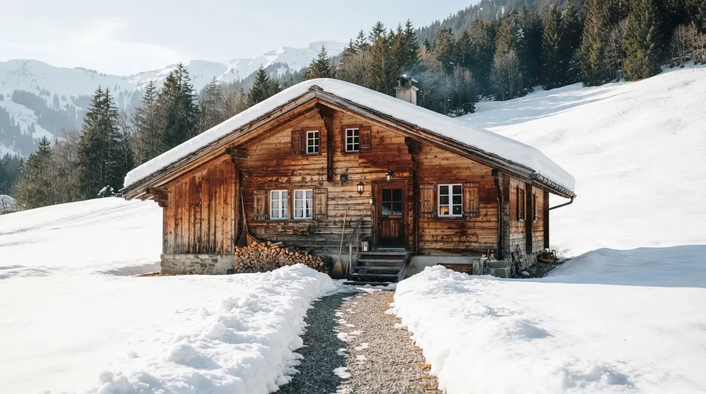 Ein Holzchalet mit Schnee auf dem Dach im klaren Sonnenlicht, davor ein geräumter Weg.