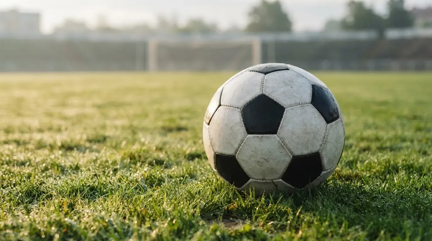 Ein Fussball auf dem Rasen aus niedriger Perspektive aufgenommen, die Torpfosten verschwimmen im Hintergrund.