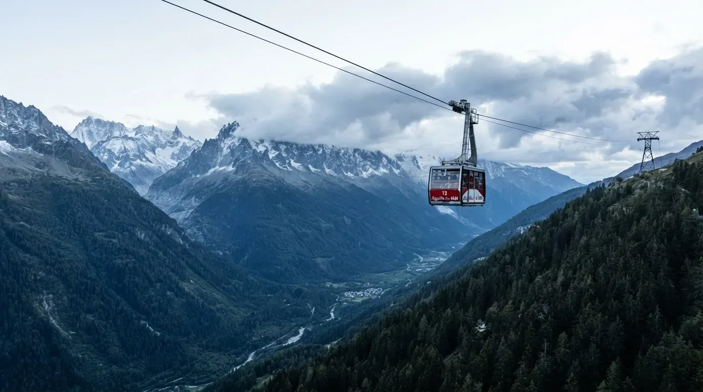 Eine Gondel einer Seilbahn schwebt über einem Tal mit Nadelwald, dahinter ziehen Wolken auf.
