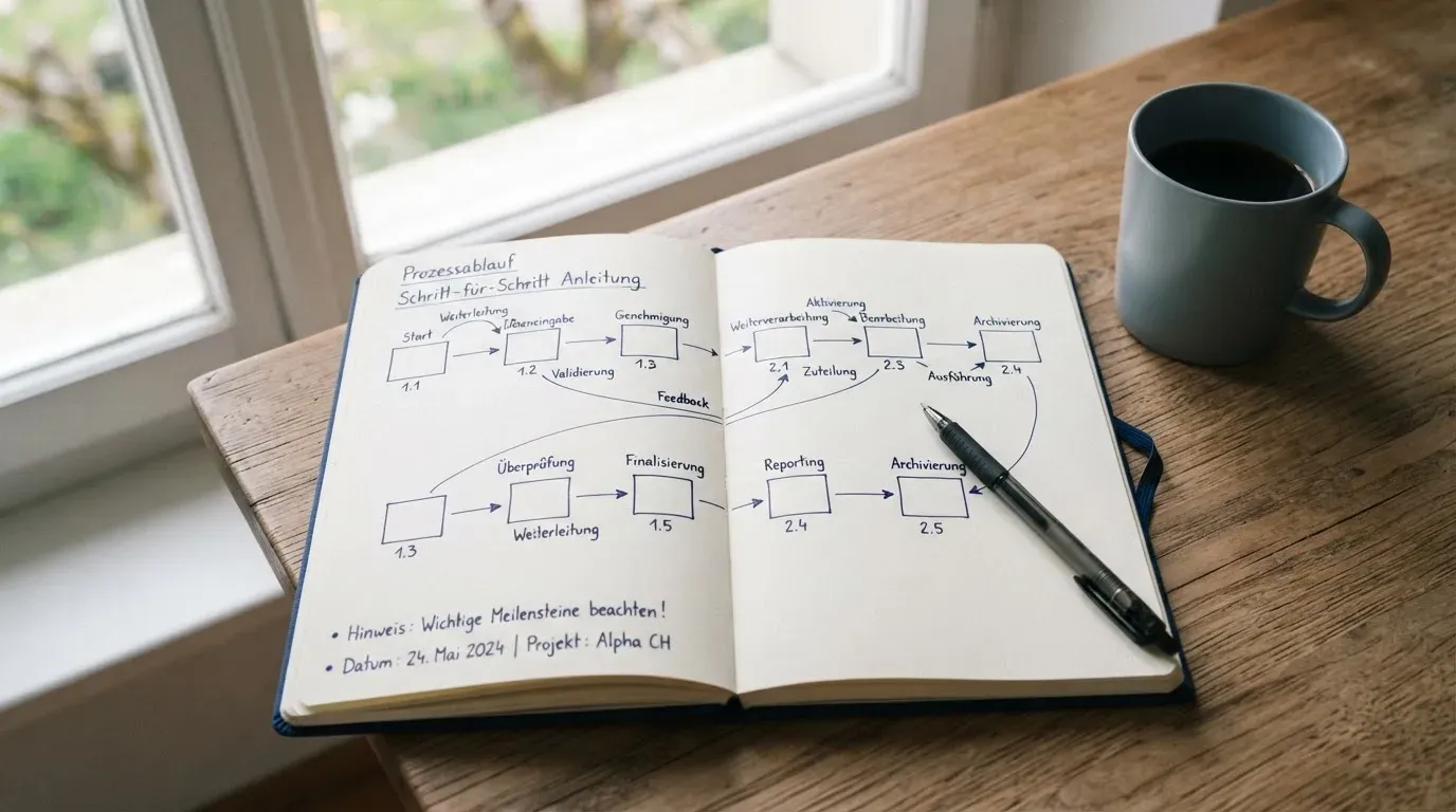 Ein aufgeschlagenes Notizbuch mit handschriftlichen Pfeilen und Kästchen liegt neben einer Kaffeetasse auf einem Schreibtisch am Fenster.