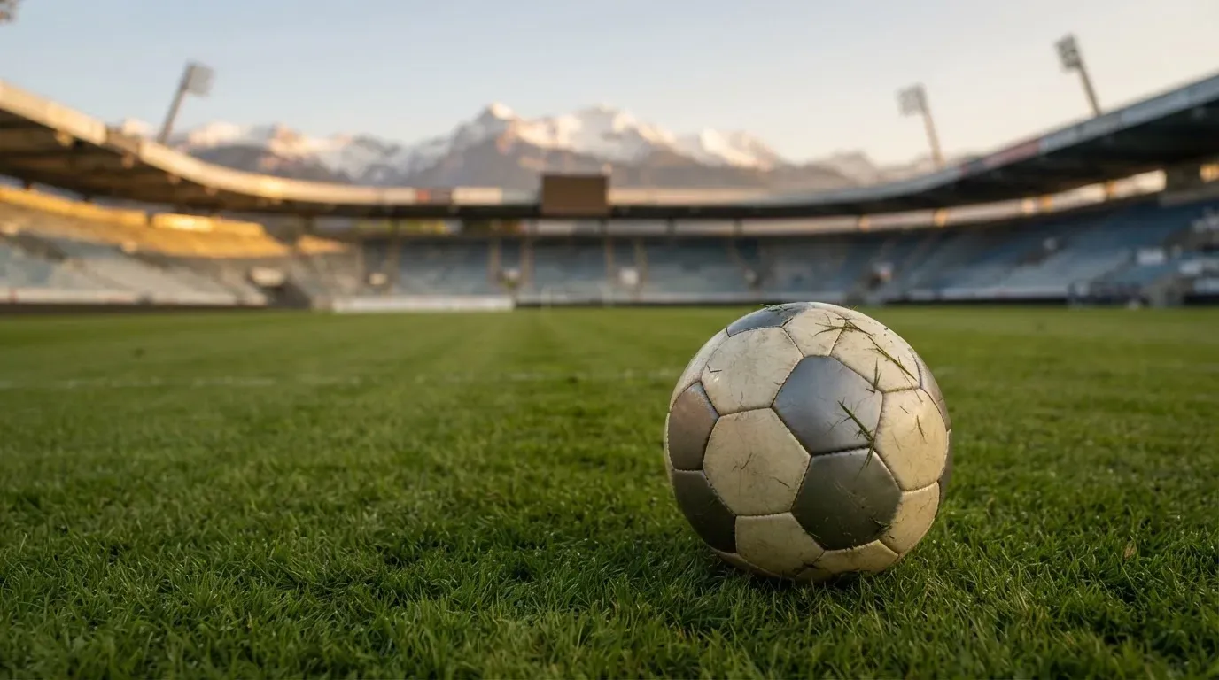 Ein Fussball liegt auf dem Rasen eines leeren Stadions am frühen Abend, dahinter erheben sich schneebedeckte Berge unter klarem Himmel.