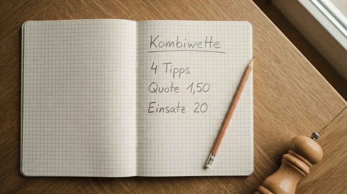 Ein leeres kariertes Heft und ein Bleistift liegen auf einem Küchentisch im warmen Licht des späten Nachmittags.