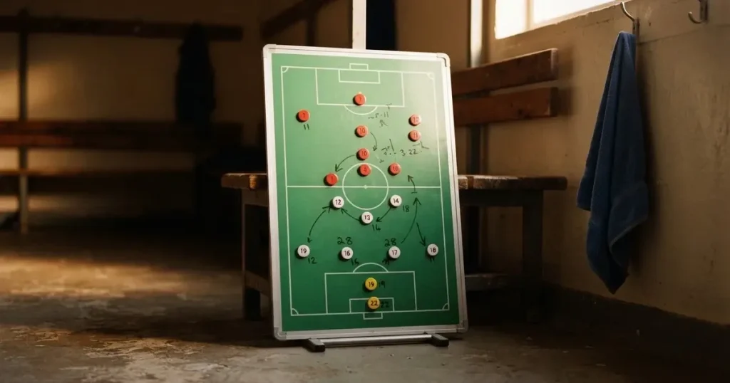 Eine Taktiktafel mit farbigen Magnetfiguren auf grünem Feld steht in einer leeren Kabine, neben ihr hängt ein Handtuch.