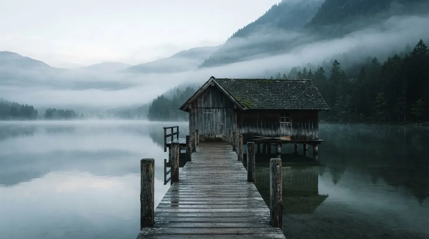 Ein Holzsteg führt über einen ruhigen Bergsee zu einem kleinen Bootshaus, über dem Wasser hängt Morgennebel.