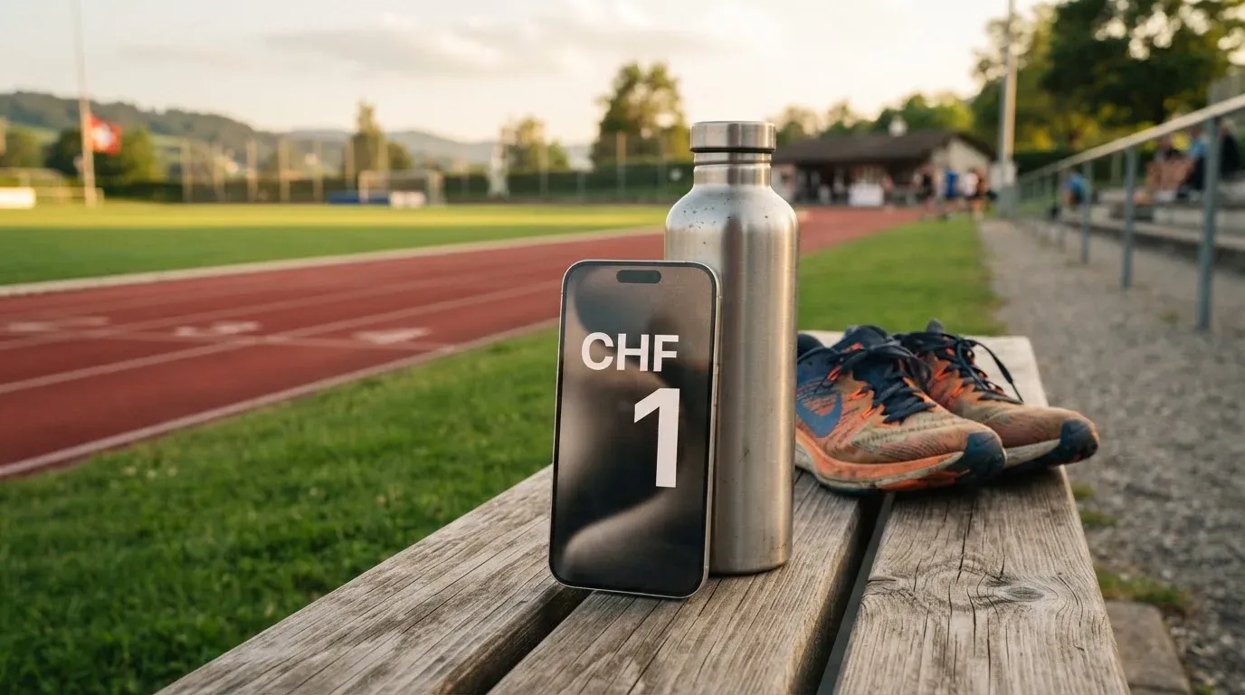 Ein Smartphone mit dunklem Bildschirm lehnt an einer Wasserflasche, daneben stehen Laufschuhe auf einer Bank am Sportplatz.