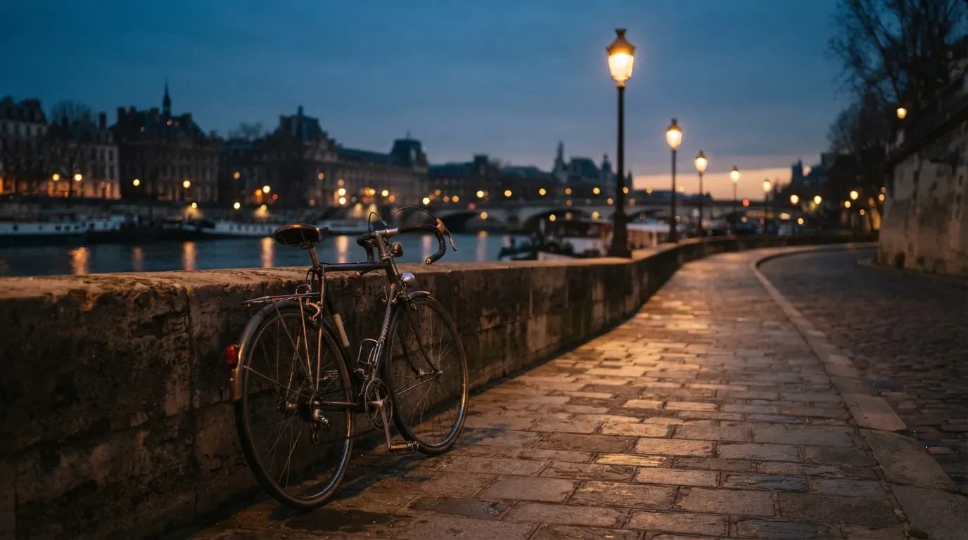 Ein Velo lehnt an einer Steinmauer am Ufer eines Flusses, die Strassenlaternen leuchten in der Dämmerung.