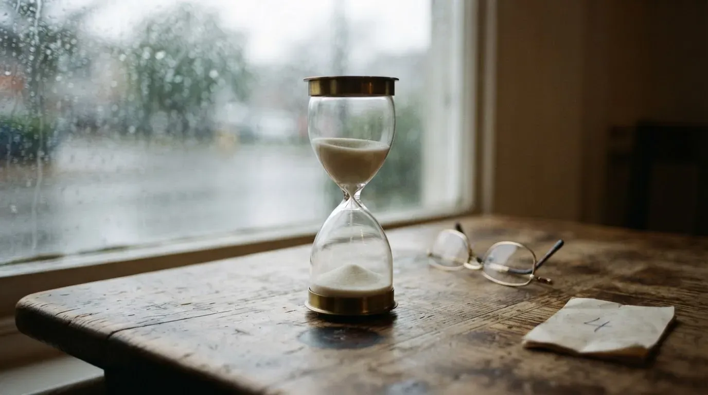 Eine Sanduhr steht auf einem Holztisch neben einer Brille, hinter dem Fenster laufen Regentropfen über das Glas.