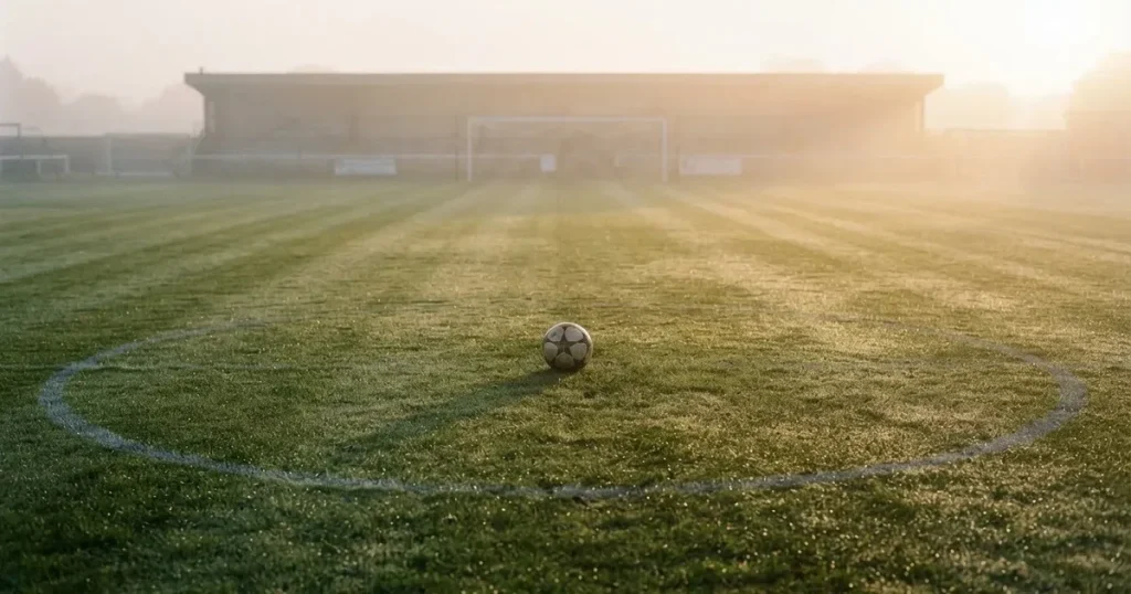 Ein Fussballplatz im Morgennebel, im Mittelkreis liegt ein einzelner Ball und der Rasen glänzt vom Tau.