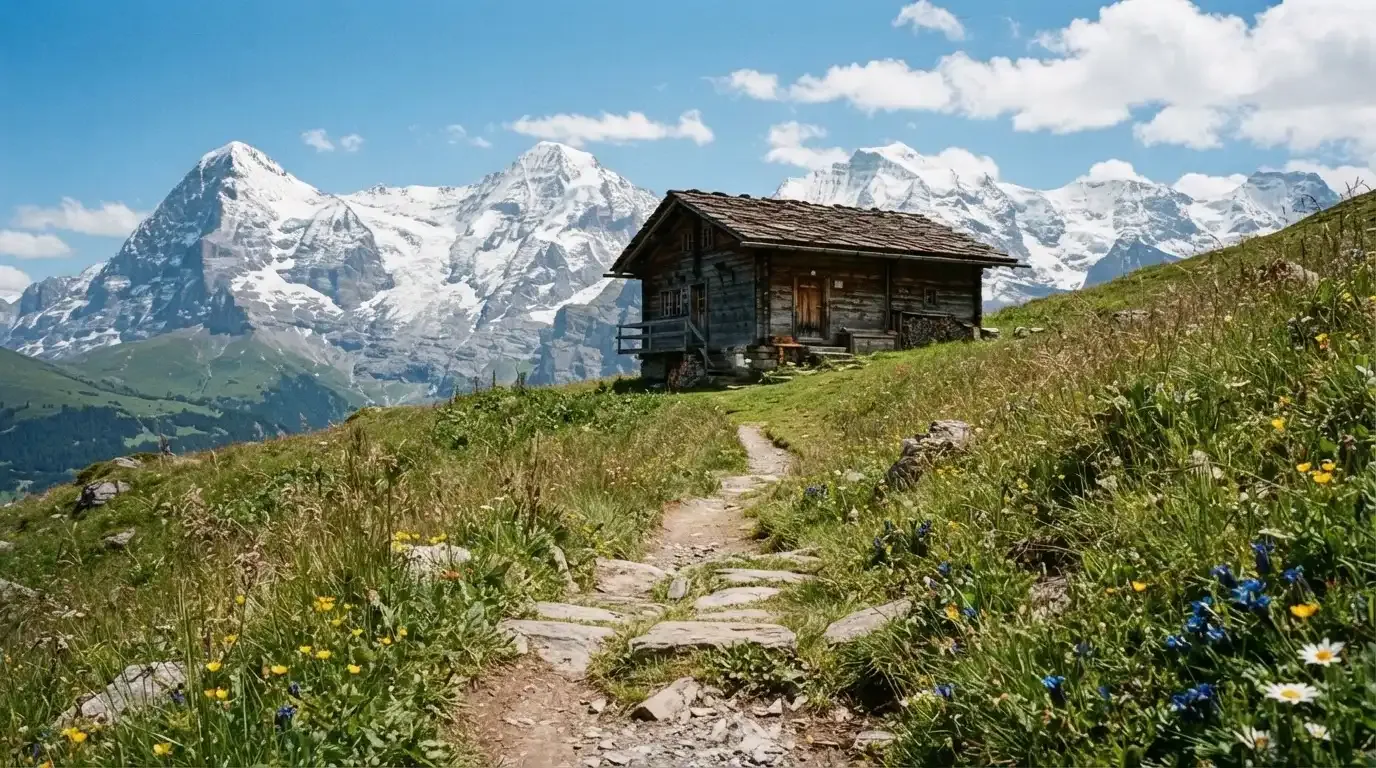 Ein Wanderweg führt über eine Alpwiese zu einem Holzchalet, dahinter ragen verschneite Gipfel in den Himmel.