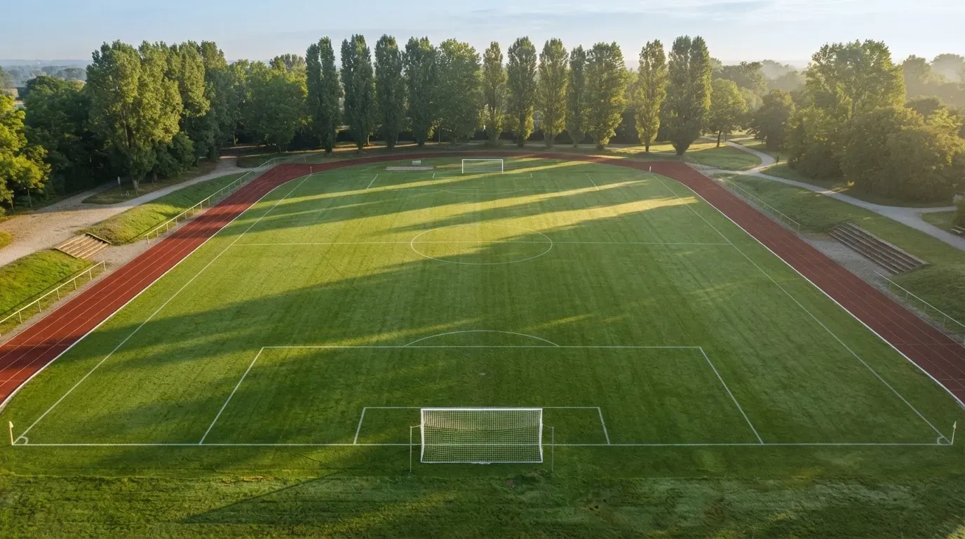 Ein leerer Fussballplatz mit weissen Linien von oben gesehen im Morgenlicht, am Rand stehen zwei Tore und eine Reihe Pappeln.