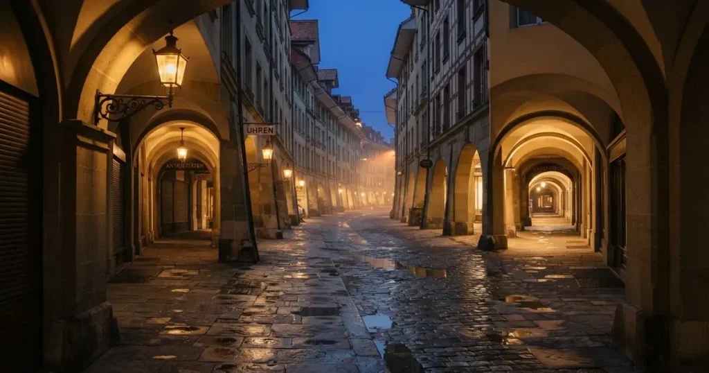 Eine menschenleere Altstadtgasse mit steinernen Laubengängen im Abendlicht, die Laternen brennen schon und das Pflaster glänzt feucht.