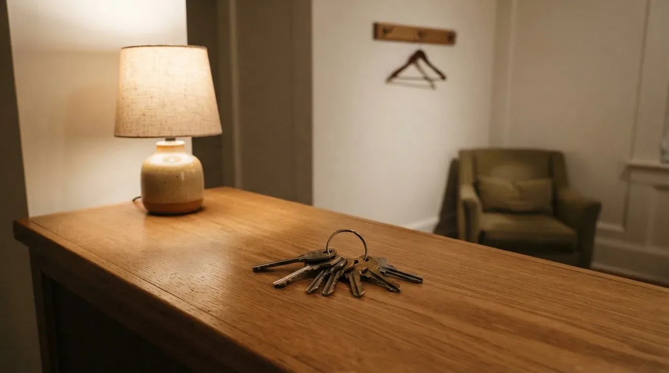 Ein Schlüsselbund liegt auf einem hölzernen Empfangstresen neben einer kleinen Tischlampe in einem ruhigen Raum.