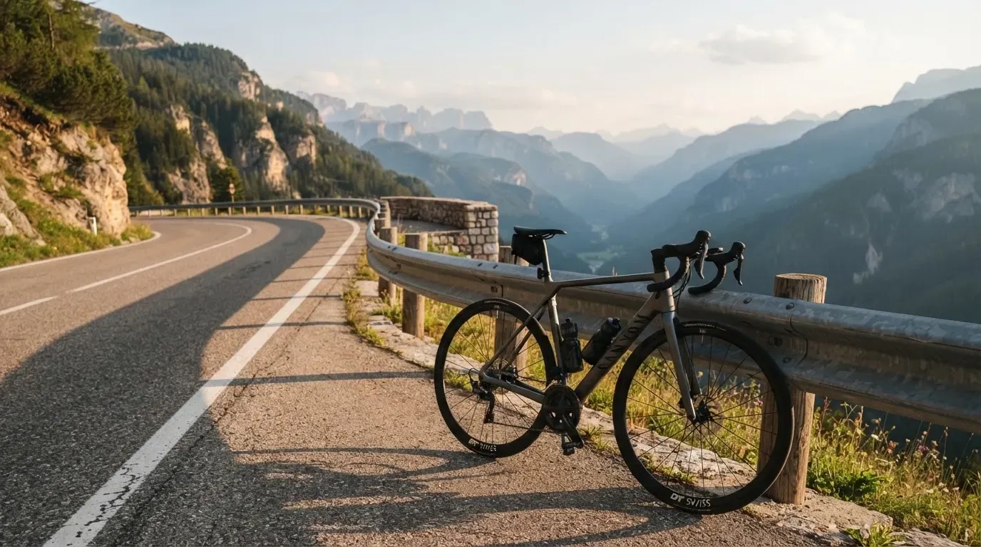 Ein Rennvelo lehnt an einer Leitplanke einer Passstrasse, im Hintergrund liegen mehrere Bergketten im Dunst.