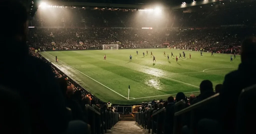 Ein Fussballspiel am Abend aus der Tribünenperspektive, die Spieler sind nur als kleine Figuren zu erkennen und das Flutlicht beleuchtet den nassen Rasen.
