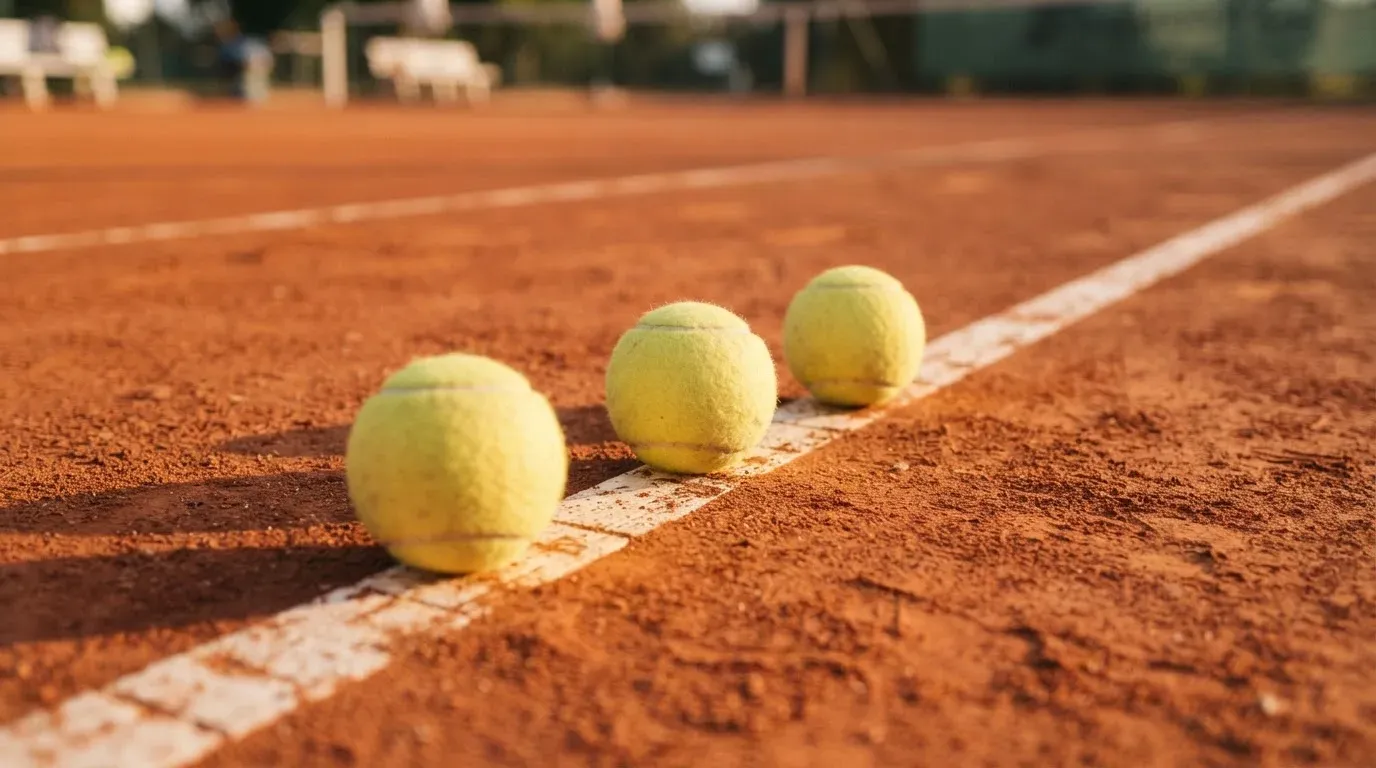 Drei Tennisbälle liegen nebeneinander auf einer weissen Linie eines roten Sandplatzes im Licht des späten Nachmittags.