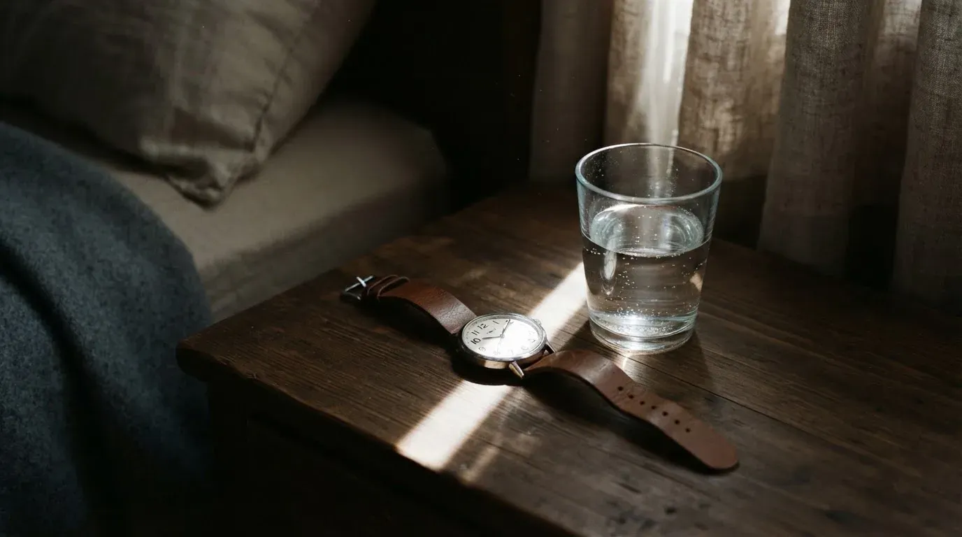Eine Armbanduhr liegt auf einem Nachttisch neben einem Glas Wasser, das Zimmer ist abgedunkelt und durch den Vorhang fällt ein schmaler Lichtstreifen.