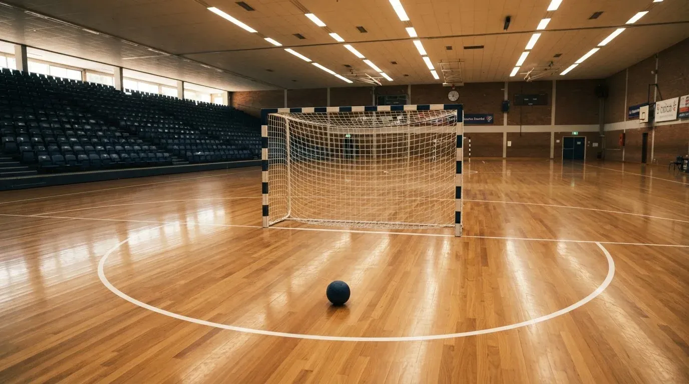 Ein Handballfeld in einer leeren Sporthalle, der Boden aus glänzendem Parkett spiegelt die Deckenlampen und im Tor liegt ein Ball.