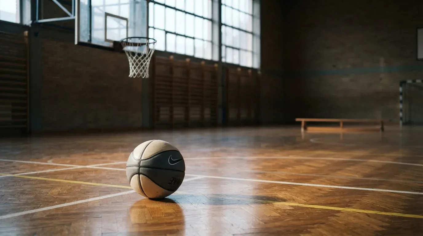 Ein Basketball liegt unter dem Korb in einer leeren Sporthalle, durch hohe Fenster fällt Tageslicht auf das Parkett.
