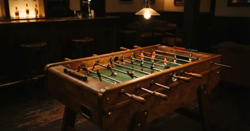 Ein hölzerner Tischfussball steht in einer leeren Bar, die Stangen mit den Figuren glänzen im Gegenlicht einer Lampe.