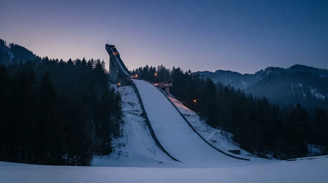 Eine Skisprungschanze ragt in der Dämmerung über einen Wald in den Alpen, der Auslauf liegt verschneit und leer da.