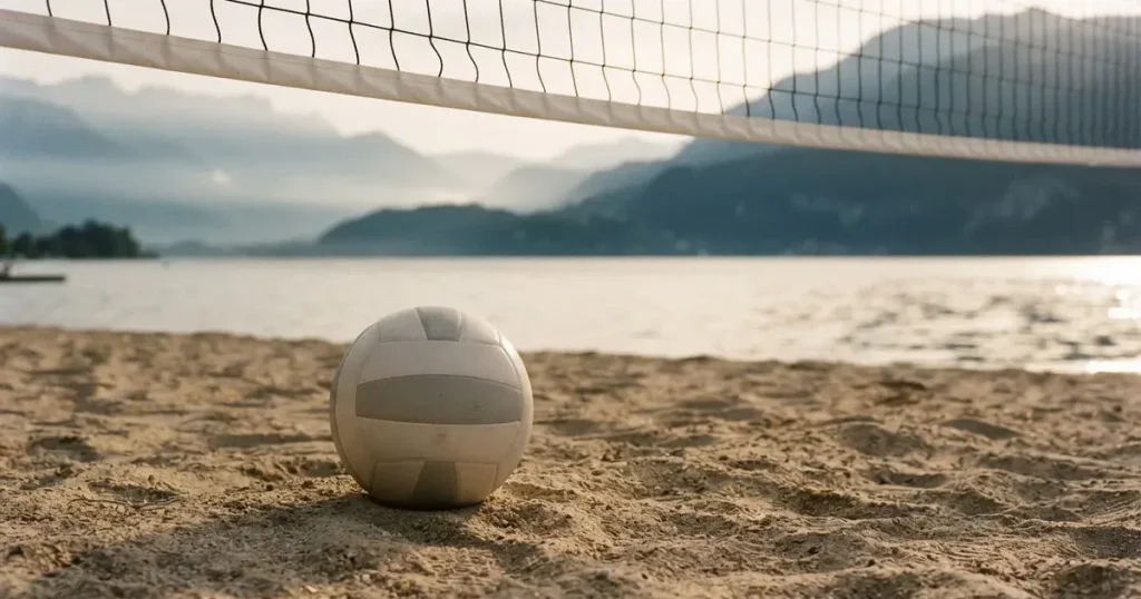 Ein Volleyball liegt am Fuss des Netzes auf Sand, im Hintergrund glitzert ein See und ein Bergzug steht im Dunst.