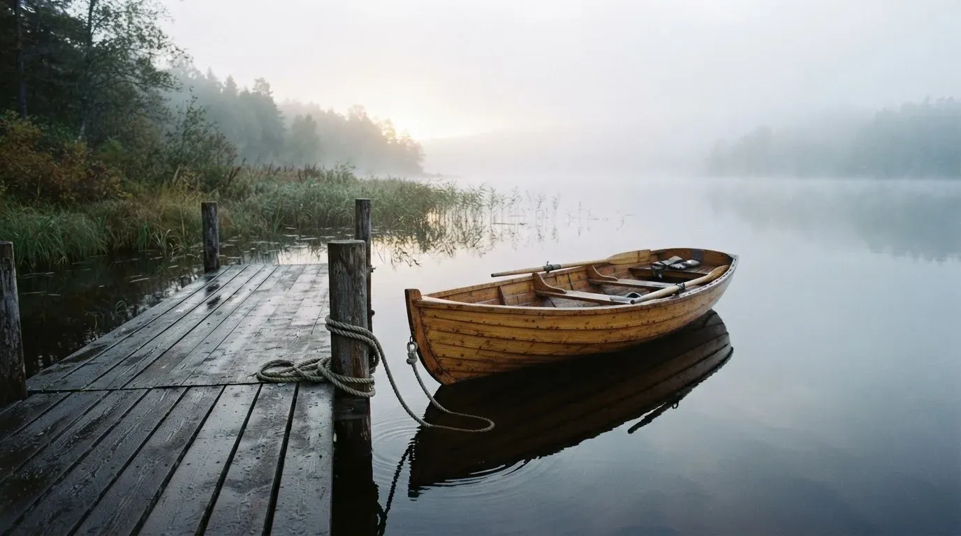 Ein Ruderboot liegt an einem Steg am Ufer eines Sees, über dem Wasser steigt dünner Nebel auf.