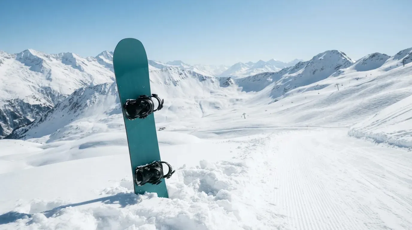 Ein Snowboard steckt aufrecht im Schnee am Rand einer Piste, dahinter spannt sich klarer Himmel über verschneiten Gipfeln.