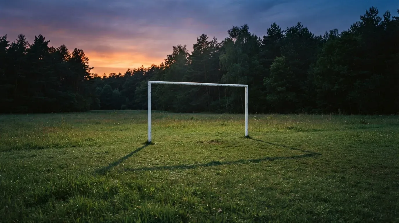 Ein Fussballtor ohne Netz steht auf einer Wiese am Waldrand, die Abenddämmerung färbt den Himmel orange.