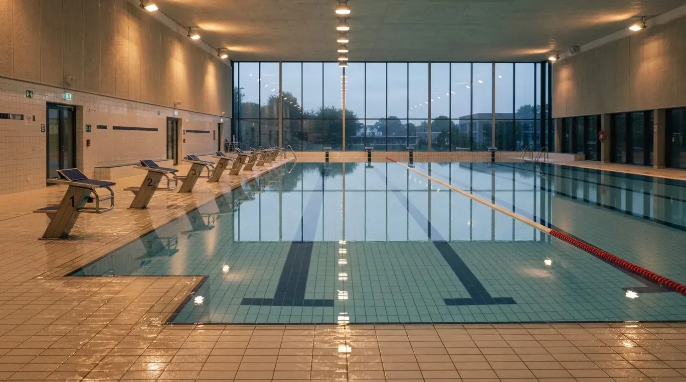Ein leeres Schwimmbecken mit Startblöcken am Morgen, die Wasseroberfläche ist ruhig und spiegelt die Deckenlampen.