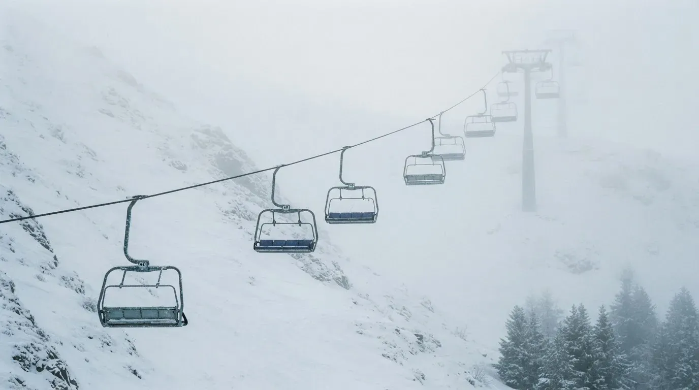 Ein Sessellift fährt leer durch dichten Nebel über eine winterliche Alp, unter ihm liegt unberührter Schnee.