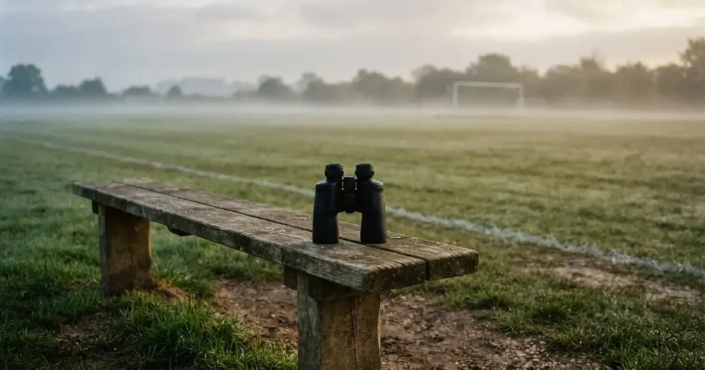 Ein Fernglas liegt auf einer leeren Holzbank an der Seitenlinie eines Fussballfelds, vom Rasen steigt Nebel auf.