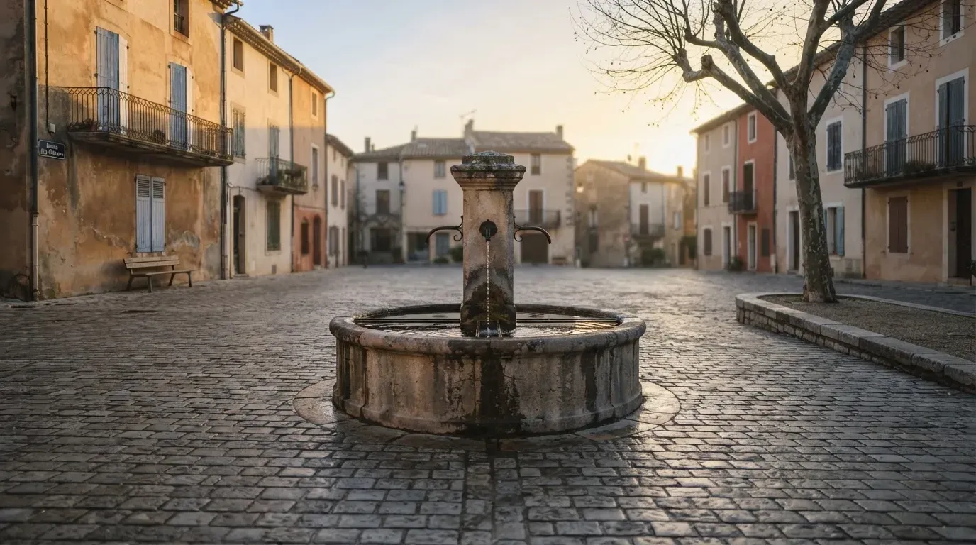 Ein stiller Dorfplatz mit einem Steinbrunnen im Frühlicht, auf dem Pflaster steht keine Person.