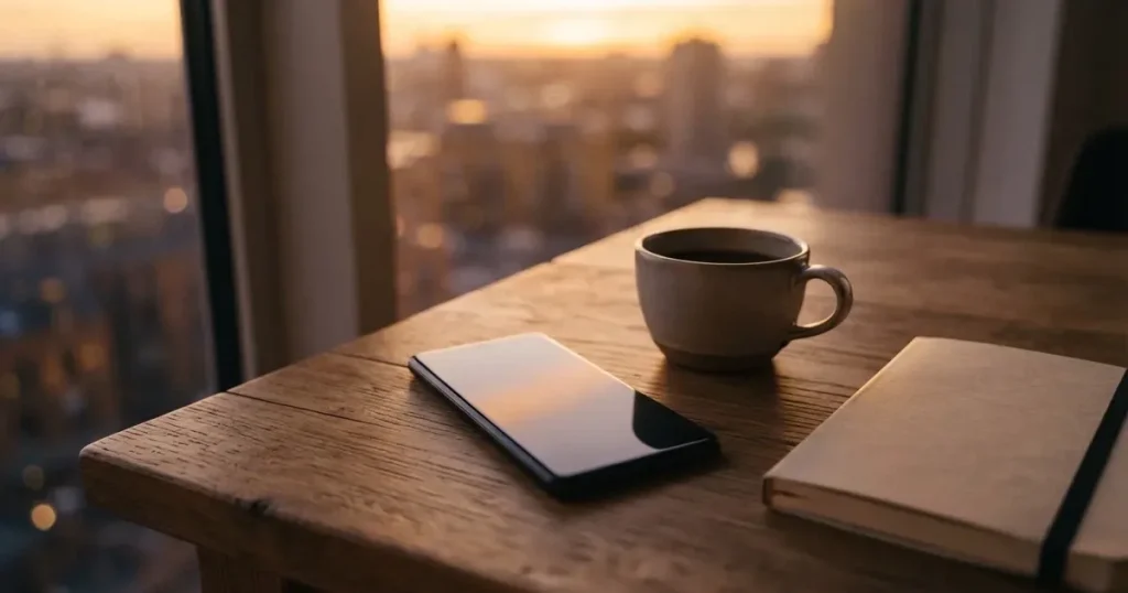 Ein Smartphone mit dunklem Display liegt auf einem Holztisch neben einer Kaffeetasse, durch das Fenster fällt warmes Abendlicht.