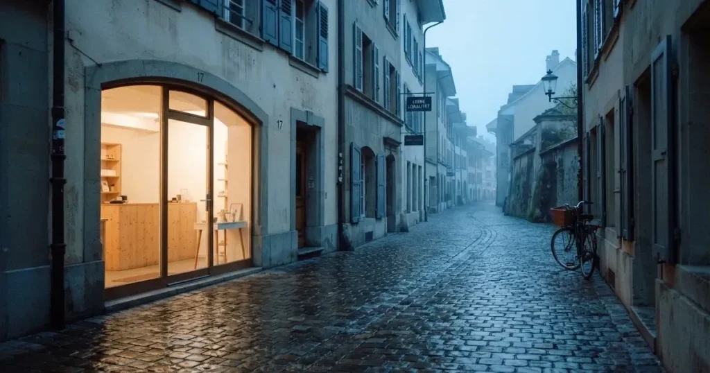 Eine Fussgängerstrasse in einer Schweizer Altstadt am frühen Morgen, nasses Kopfsteinpflaster und ein leeres Ladenlokal mit hellem Innenraum.