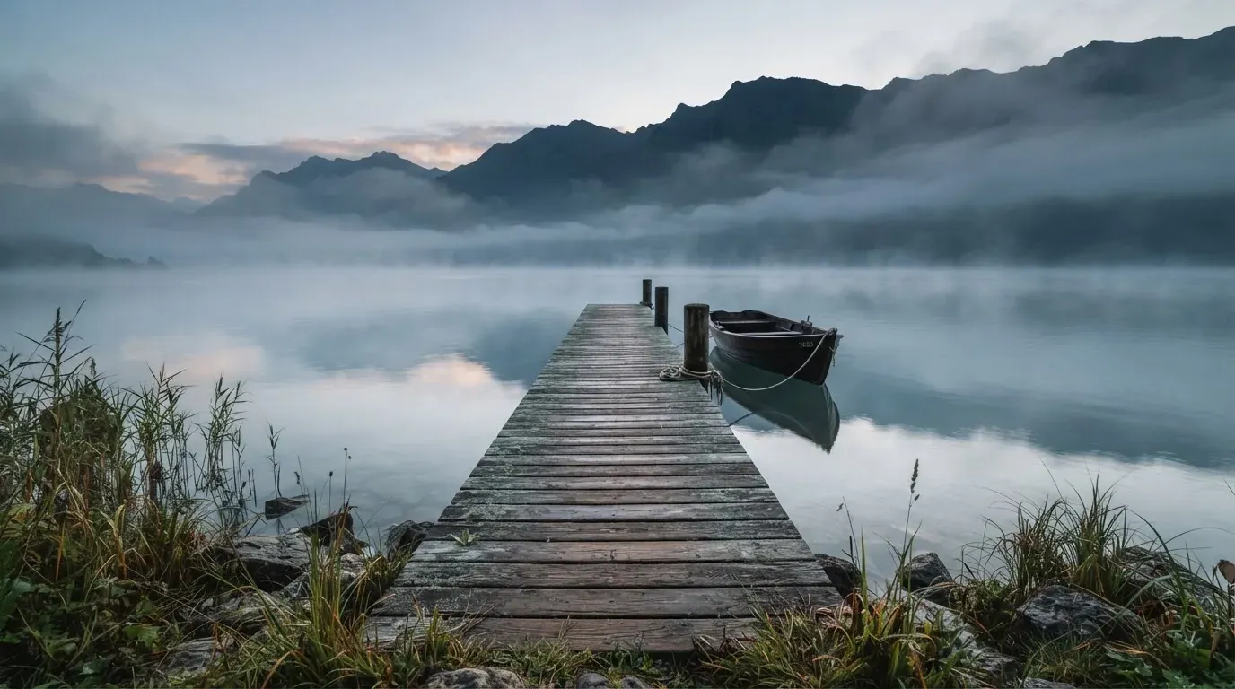 Ein Seeufer mit einem Holzsteg und einem vertäuten Ruderboot im Morgennebel, im Hintergrund die Silhouette von Bergen.
