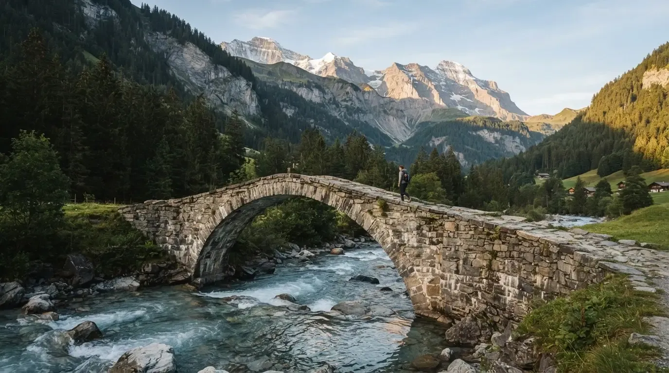 Eine Steinbogenbrücke überspannt einen Bergbach in den Alpen im Morgenlicht, an den Hängen stehen dunkle Nadelbäume.