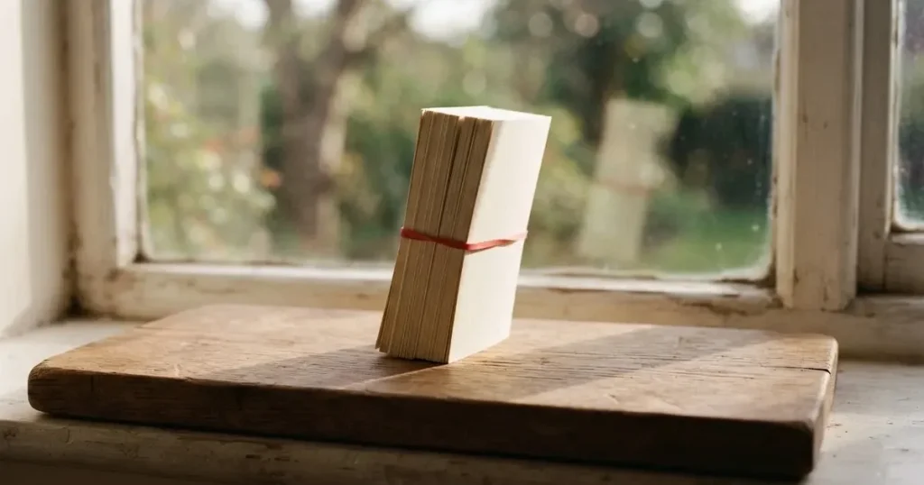 Ein kleiner Stapel unbeschrifteter Papierkarten, von einem roten Gummiband zusammengehalten, liegt auf einer Holzplatte vor einem Fenster.