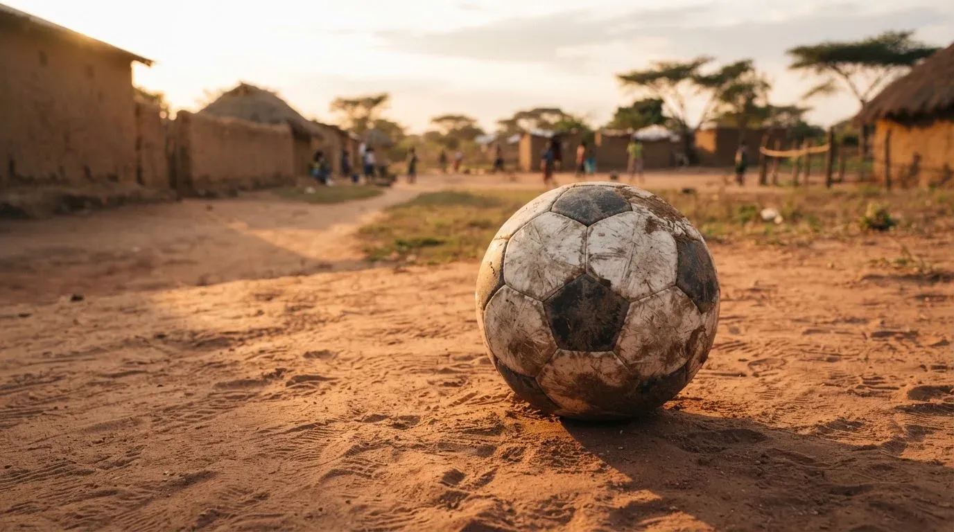 Ein Fussball liegt auf rotbraunem Sand am Rand eines Dorfes, die Abendsonne wirft lange Schatten.