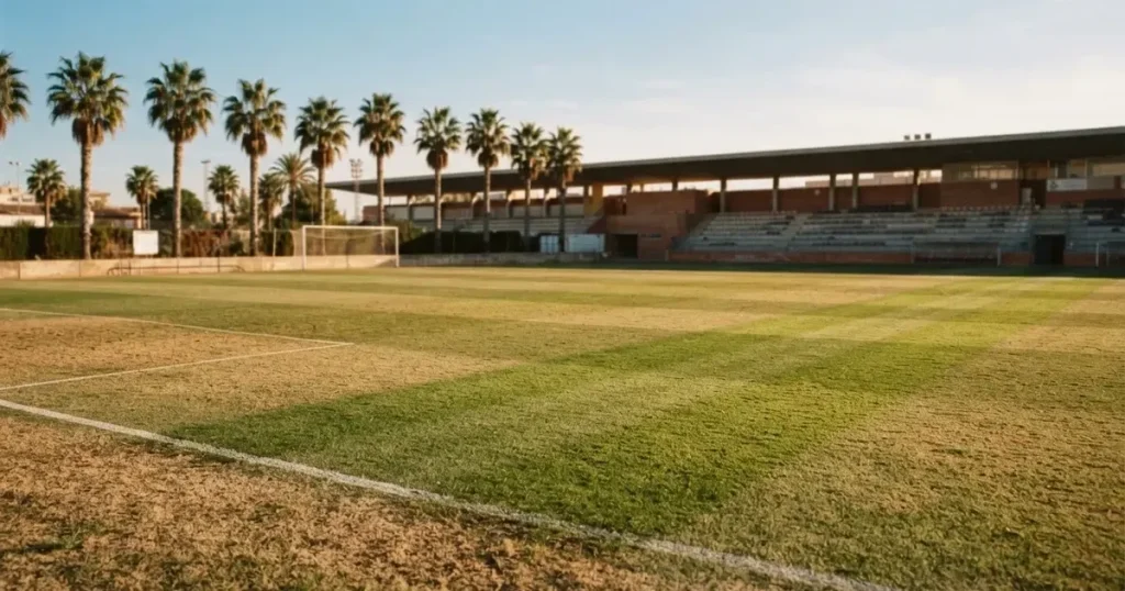 Ein ausgetrockneter Fussballplatz mit Rasenstreifen im warmen Nachmittagslicht, im Hintergrund Palmen und ein flaches Stadiondach.