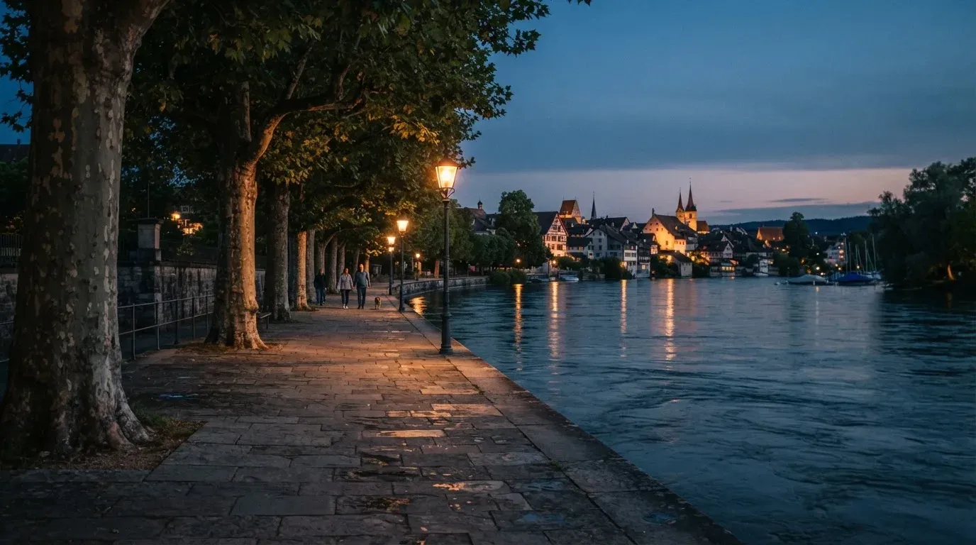 Eine Rheinpromenade mit hohen Bäumen am Abend, das Wasser spiegelt das Licht der ersten Laternen.