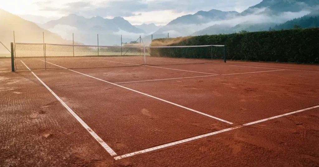Ein Sandplatz im ersten Morgenlicht, die Linien sind frisch gezogen, das Netz bewegt sich leicht im Wind, Berge im Dunst.