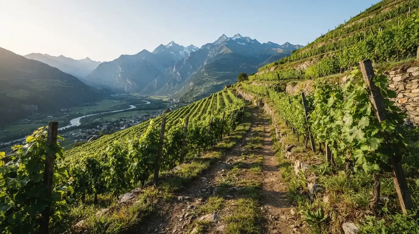 Ein Feldweg zwischen Weinreben im Wallis bei Sonnenaufgang, im Hintergrund hohe Berge und klare Luft.