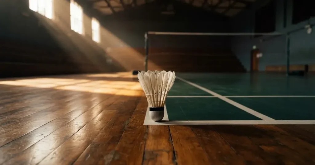 Ein Federball liegt auf dem Boden einer leeren Sporthalle, das Netz verschwimmt im Hintergrund, Licht fällt durch hohe Fenster.