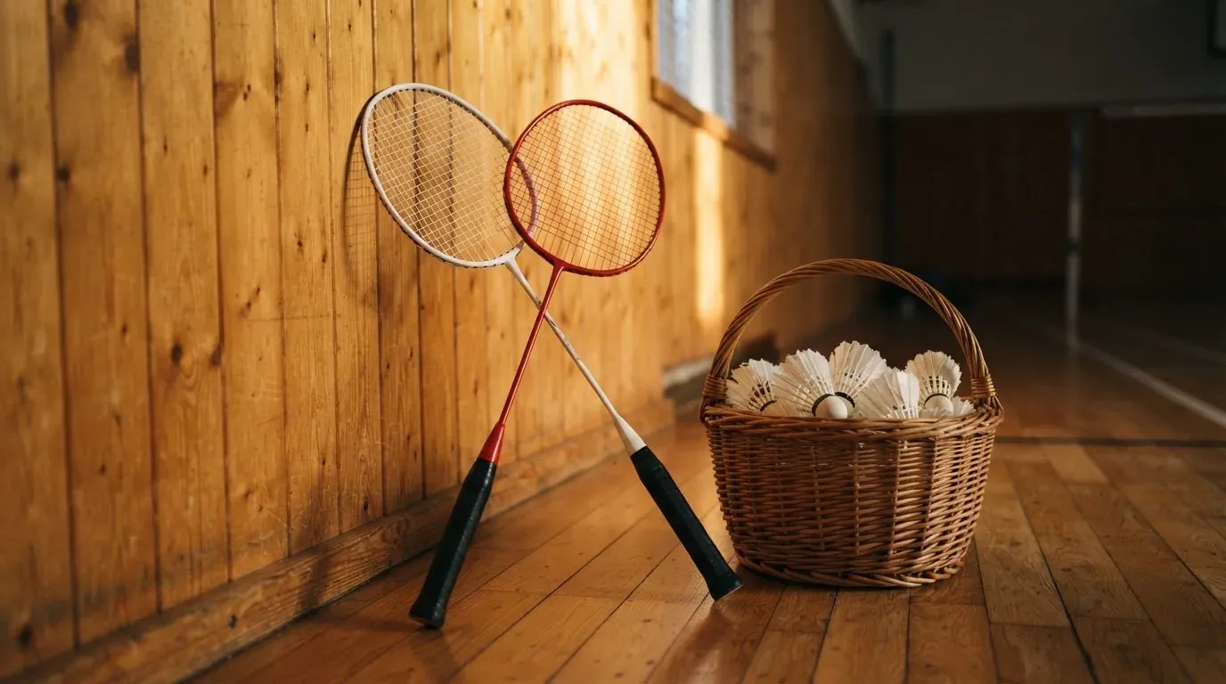 Zwei Badmintonschläger lehnen gekreuzt an einer Hallenwand aus Holz, daneben steht ein Korb mit Federbällen.