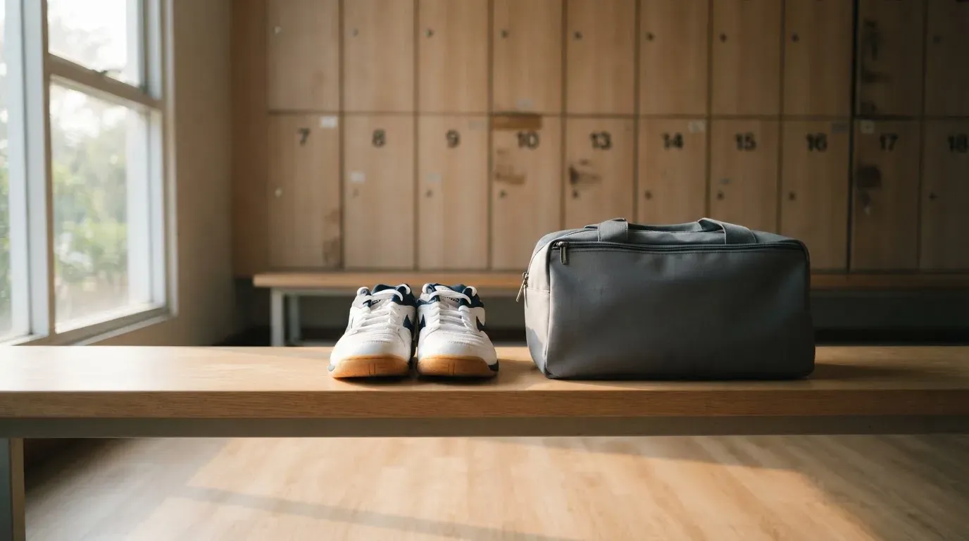 Ein Paar Hallenschuhe steht ordentlich neben einer Sporttasche auf einer Bank in einer leeren Garderobe, ein Fenster lässt Morgenlicht herein.