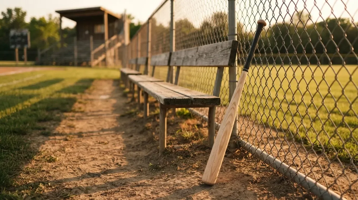Ein Holzschläger lehnt an einem Drahtzaun neben einer Reihe leerer Zuschauerbänke im Licht des späten Nachmittags.