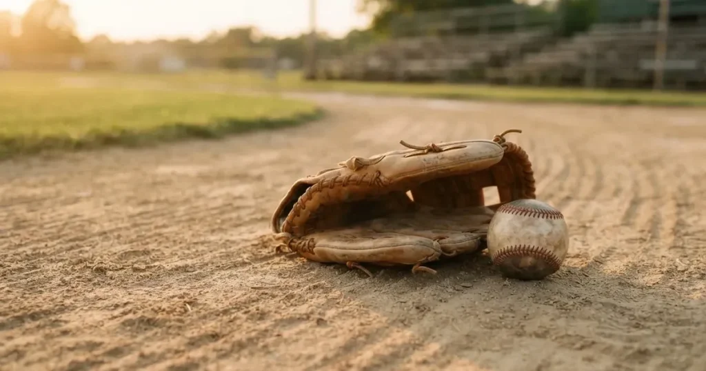 Ein Lederhandschuh und ein Ball liegen auf dem Sandboden eines leeren Spielfelds, die tiefstehende Sonne wirft lange Schatten.